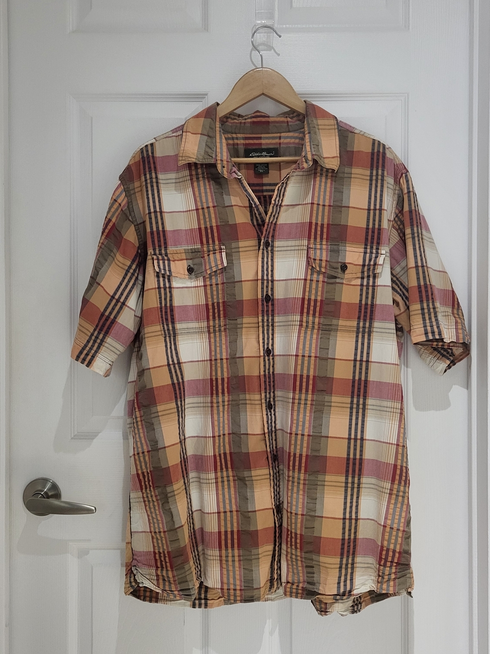 Eddie Bauer Men's Relaxed Plaid Short Sleeve Button-Up Shirt Size XLT Earth Tone